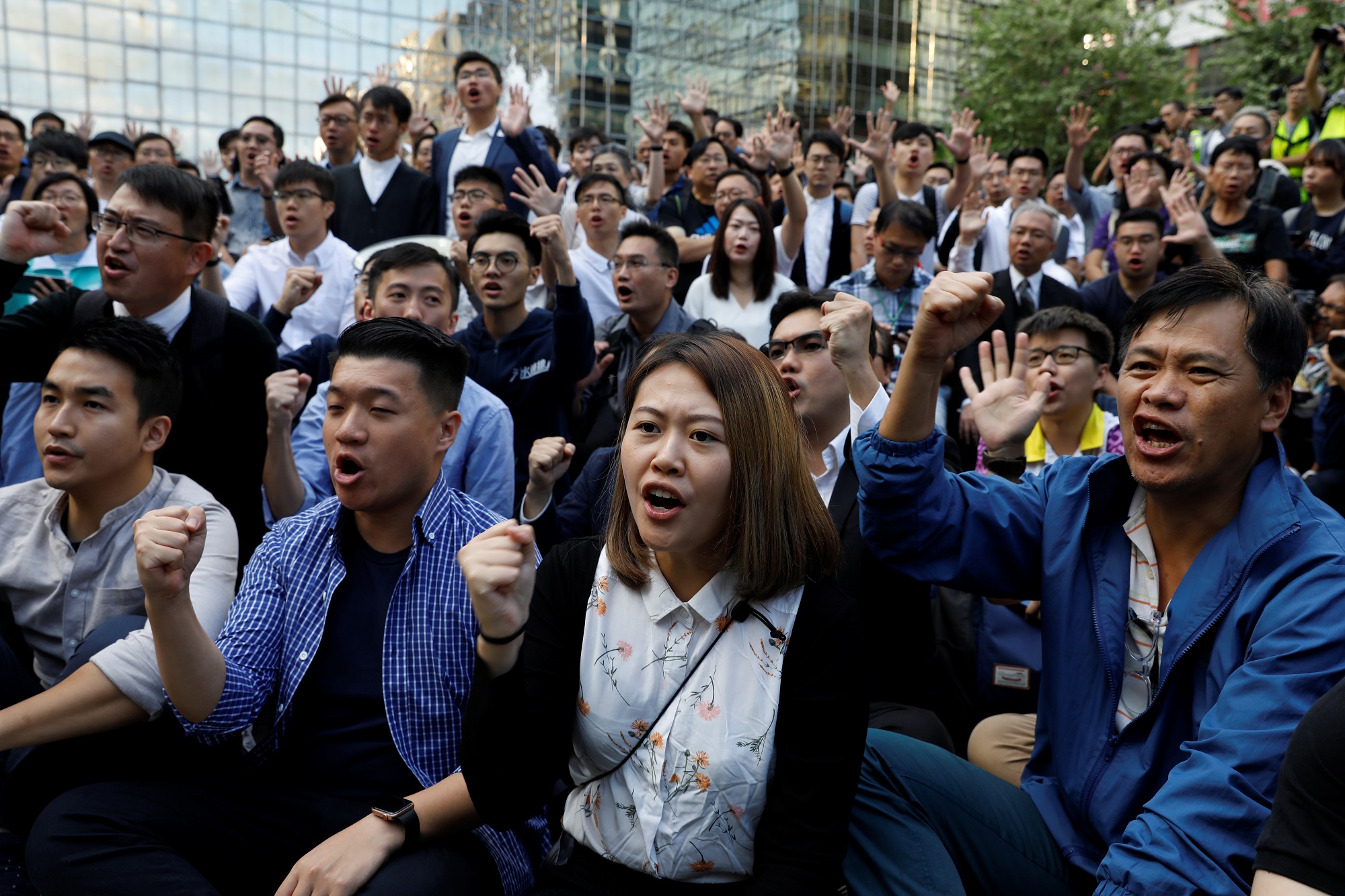 Pro-democratic winning candidates gather outside the campus of the Polytechnic University (PolyU) in Hong Kong, China November 25, 2019. REUTERS/Adnan Abidi