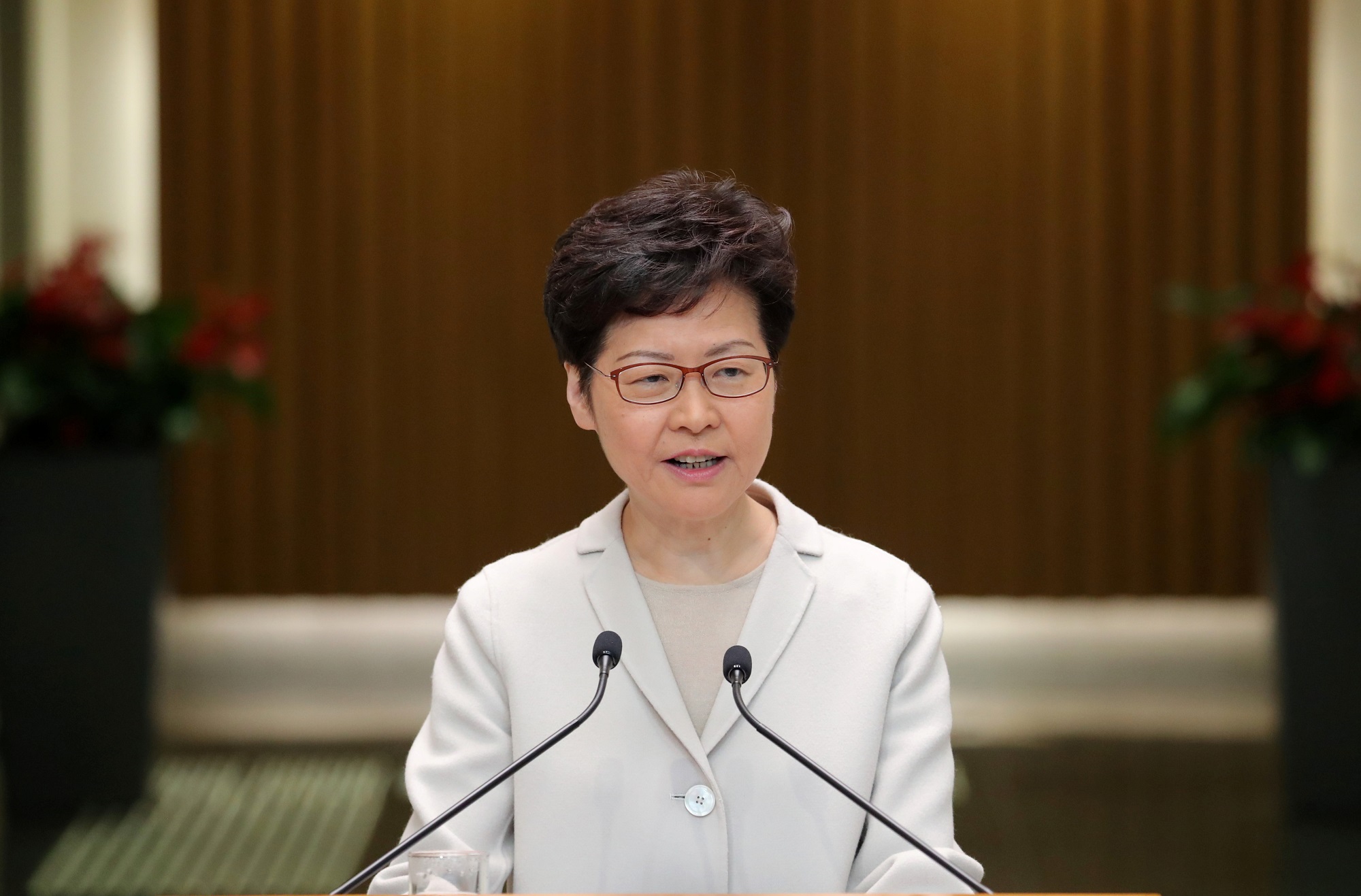 Hong Kong chief executive Carrie Lam speaks to the media in a weekly news briefing after local elections in Hong Kong, China, November 26, 2019. REUTERS/Marko Djurica