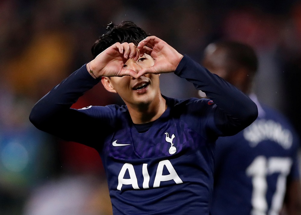 Tottenham Hotspuru00e2u20acu2122s Son Heung-min celebrates scoring their third goal against Red Star Belgrade at the Rajko Mitic Stadium November 6, 2019. u00e2u20acu201d Action Images via Reutersnn