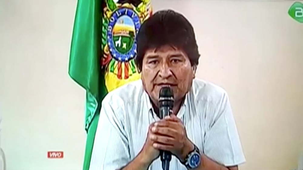 Boliviau00e2u20acu2122s President Evo Morales announces his resignation in Lauca N, Cochabamba, Bolivia in this still image taken from Bolivian Government TV November 10, 2019. u00e2u20acu201d Bolivian Government TV via Reuters TV   