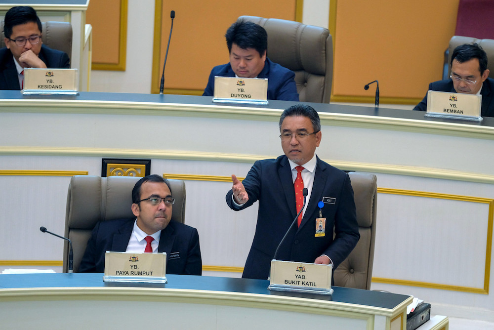 Chief Minister Adly Zahari addresses the Melaka state assembly November 26, 2019. u00e2u20acu201d Bernama pic