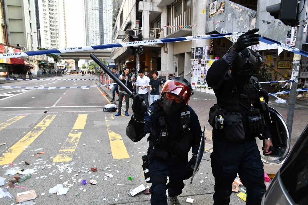 Policeman cordon off the site where pro-democracy protesters were shot by a policeman in Hong Kong November 11, 2019. u00e2u20acu201d AFP pic