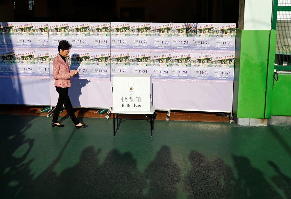 Hong Kong Chief Executive Carrie Lam walks to cast her vote at a polling station during district council local elections in Hong Kong, China, November 24, 2019. u00e2u20acu201d Reuters pic