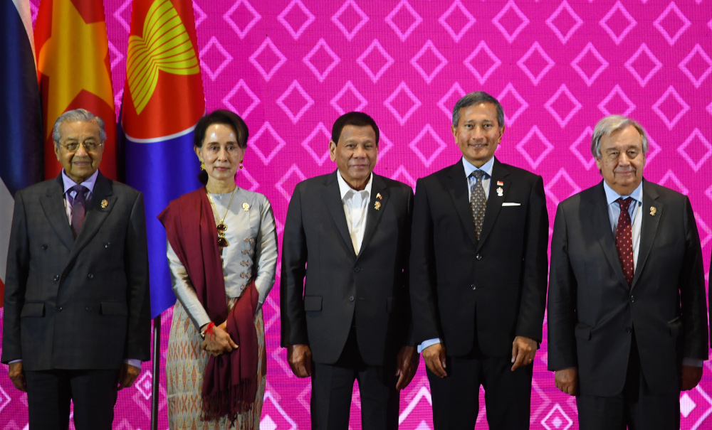 (From left) Malaysiau00e2u20acu2122s PM Tun Dr Mahathir Mohamad, Myanmaru00e2u20acu2122s State Counsellor Aung San Suu Kyi, Philippines President Rodrigo Duterte, Singaporeu00e2u20acu2122s Foreign Minister Vivian Balakrishnan and UN Secretary-General Antonio Guterres 