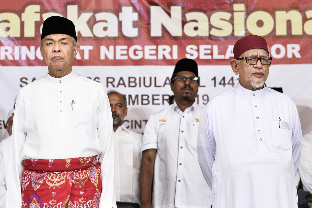 Umno President of Datuk Seri Ahmad Zahid Hamidi and PAS President Datuk Seri Abdul Hadi Awang during the launching of Muafakat Nasional Selangor in Shah Alam November 23, 2019. u00e2u20acu201d Picture by Miera Zulyana