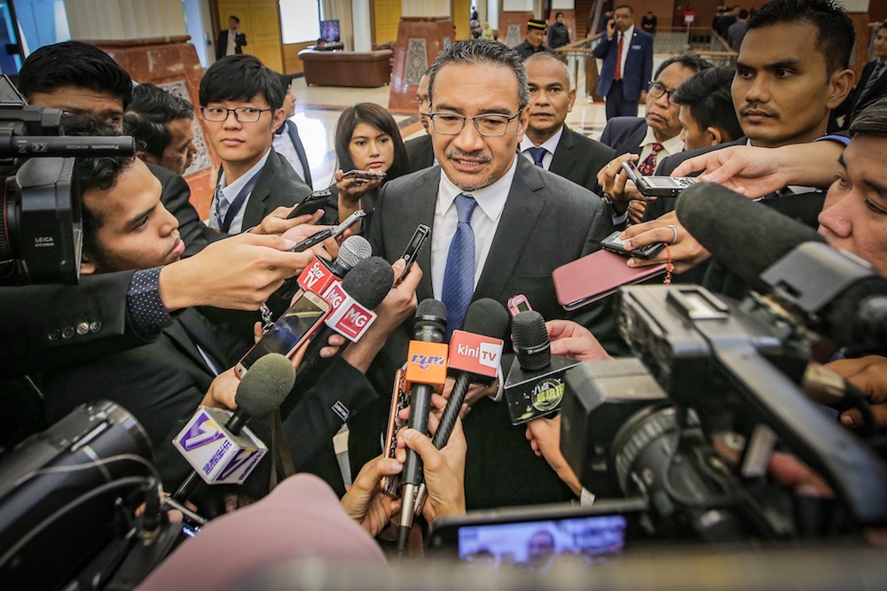 Sembrong MP Datuk Seri Hishammuddin Hussein speaks to reporters in the lobby of Parliament in Kuala Lumpur November 4, 2019. u00e2u20acu201d Picture by Hari Anggara