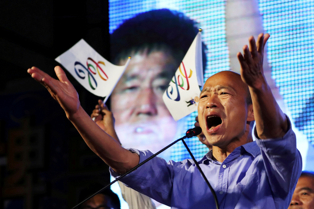 Opposition Nationalist Kuomintang Party (KMT) leader Han Kuo-yu celebrates after winning in local elections in Kaohsiung, Taiwan, November 24, 2018. u00e2u20acu201d Reuters pic 