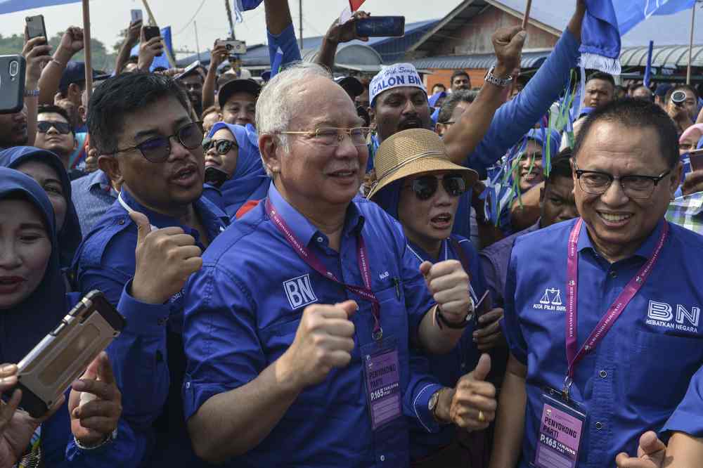 Pekan MP Datuk Seri Najib Razak is seen with BN supporters at Dewan Jubli Intan in Pontian November 2, 2019. u00e2u20acu201d Picture by Shafwan Zaidon