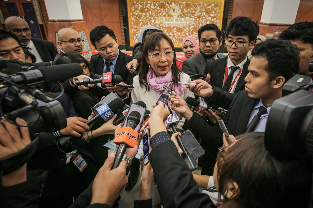 Primary Industries Minister Teresa Kok speaks to reporters in the lobby of Parliament in Kuala Lumpur November 4, 2019. u00e2u20acu201d Picture by Hari Anggara