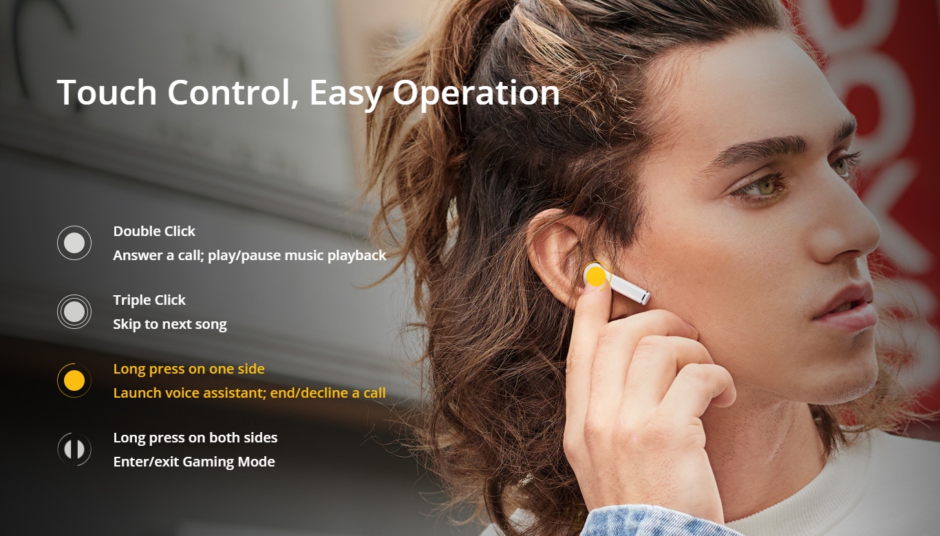 Realme Buds Air的耳柄处具有触摸模块，用户可以透过轻触、滑动的方式播放或暂停音乐。-图取自Soyacincau-