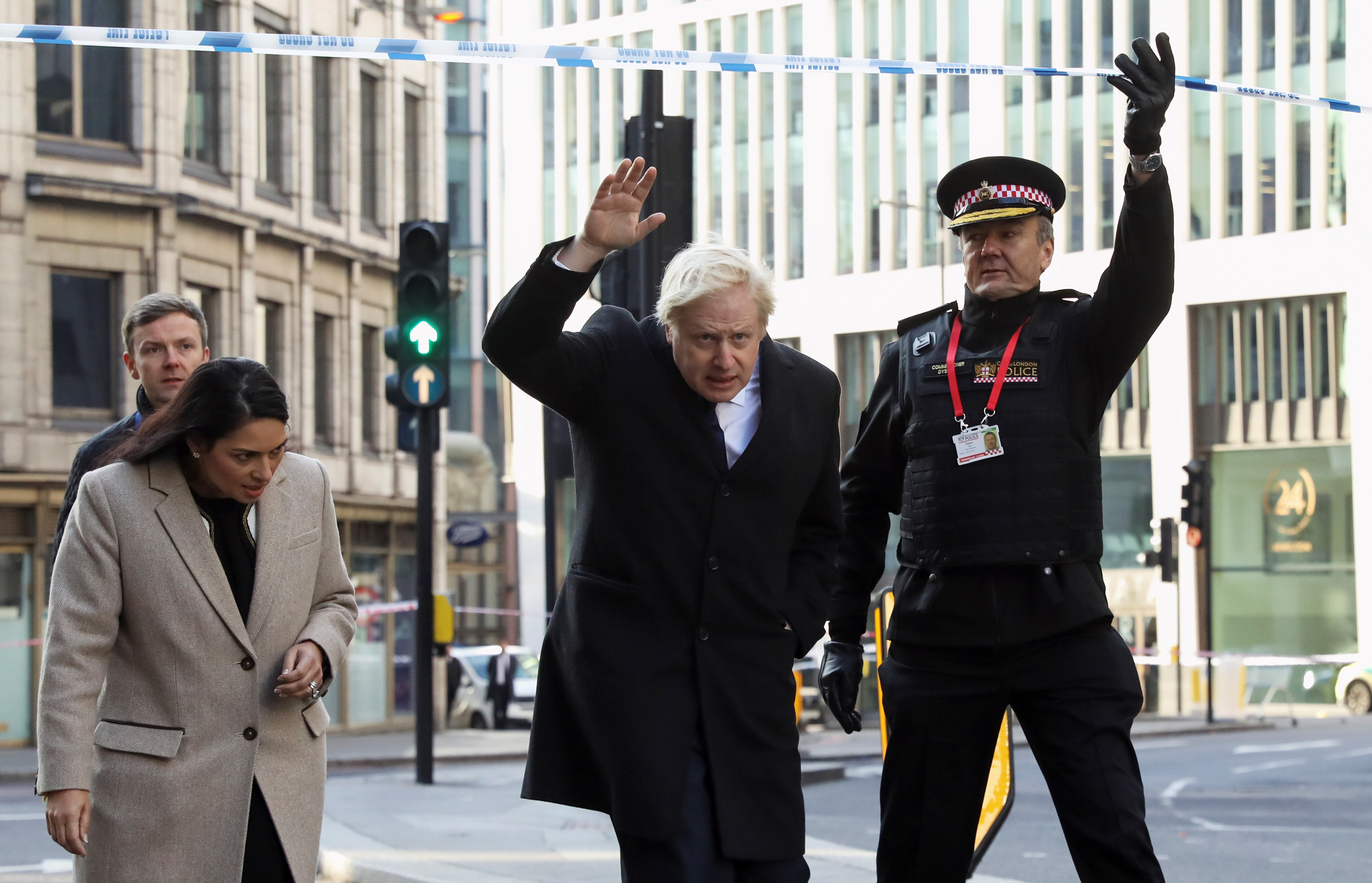 Britain's Prime Minister Boris Johnson, Home Secretary Priti Patel and City of London commissioner Ian Dyson arrive at the scene of a stabbing on London Bridge, in which two people were killed, in London November 30, 2019. u00e2u20acu201d Reuters pic