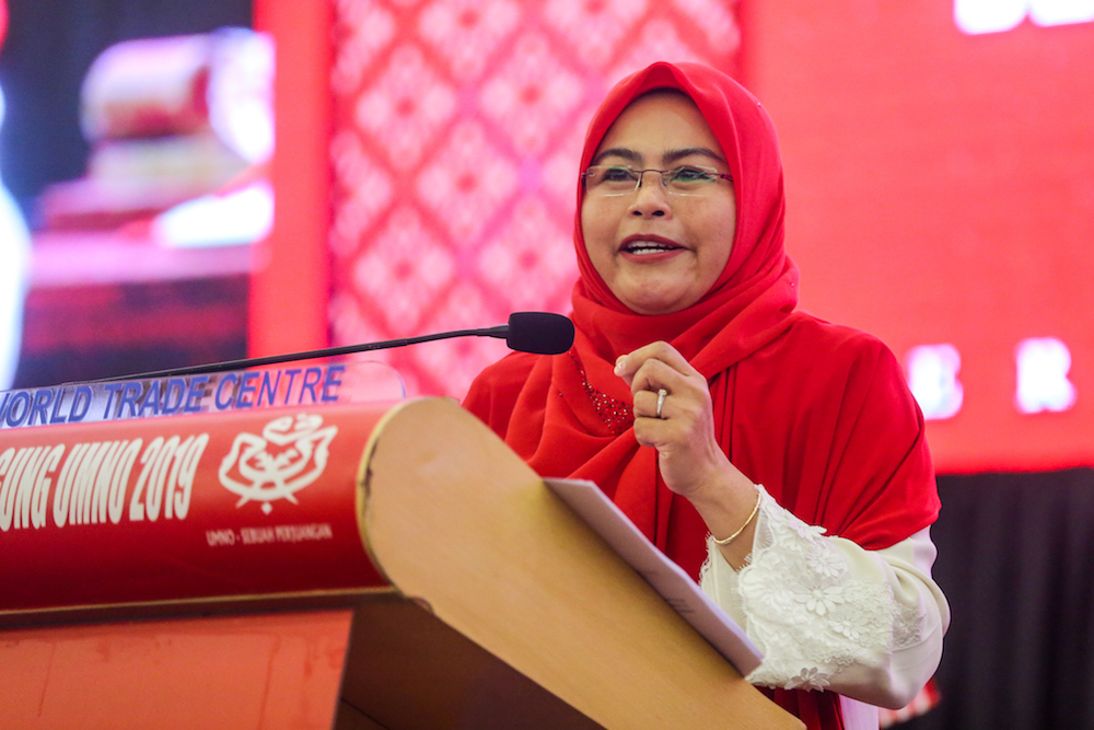 Wanita Umno chief Datuk Noraini Ahmad speaks during the 2019 Umno General Assembly at Putra World Trade Centre in Kuala Lumpur December 5, 2019. u00e2u20acu201d Picture by Firdaus Latif