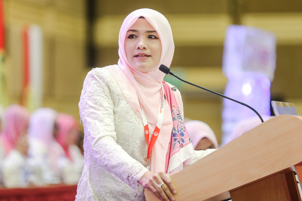 Puteri Umno chief Datuk Zahida Zarik Khan speaks during the 2019 Umno General Assembly at Putra World Trade Centre in Kuala Lumpur December 5, 2019. u00e2u20acu201d Picture by Firdaus Latif