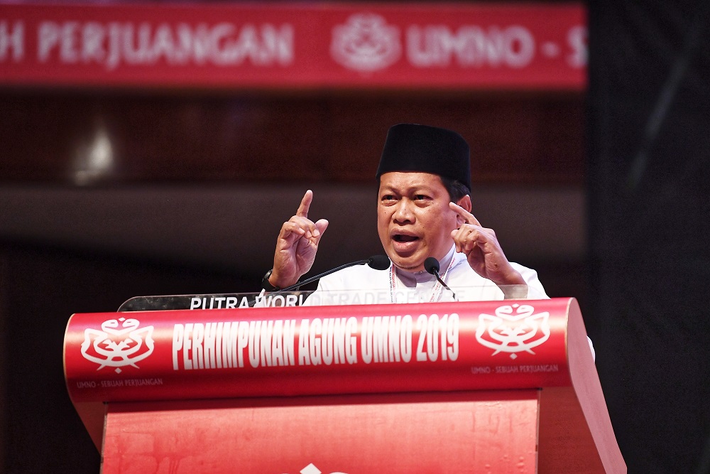 Umno supreme council member Datuk Seri Ahmad Maslan delivers his speech during the Umno Youth wing assembly at the Putra World Trade Centre in Kuala Lumpur December 5, 2019. u00e2u20acu201d Picture by Shafwan Zaidon