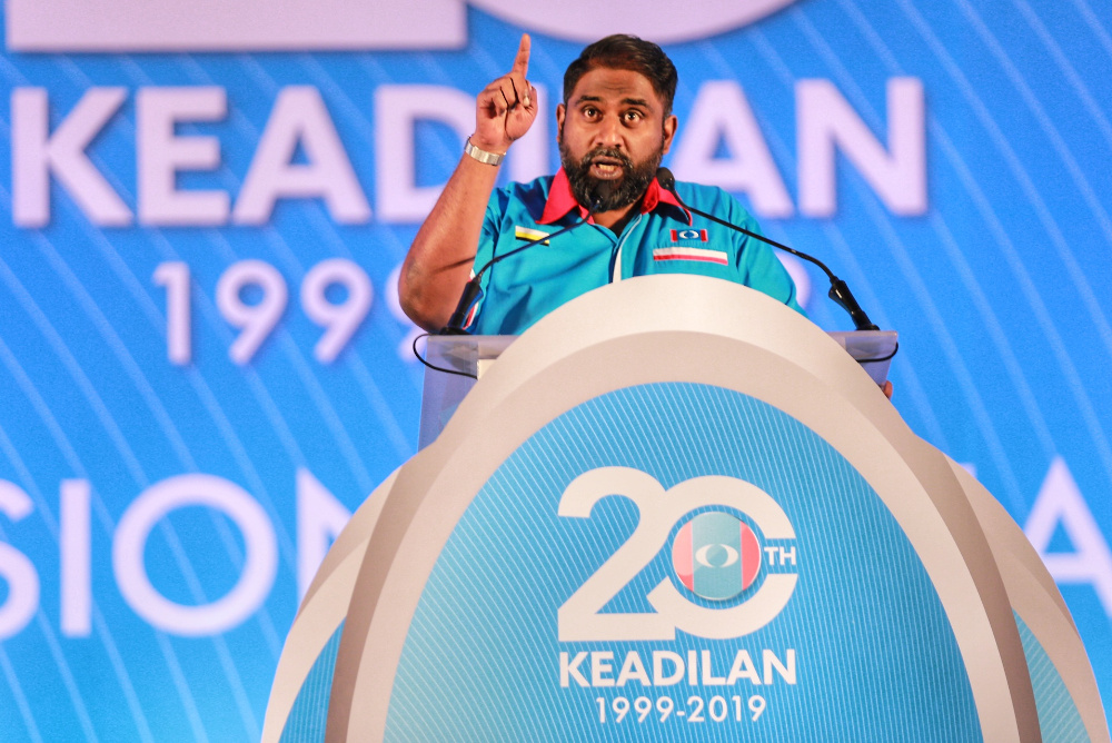 Perak deputy PKR chief Datuk MA Tinagaran speaks during the congress in Melaka December 7, 2019. u00e2u20acu201d Picture by Ahmad zamzahuri