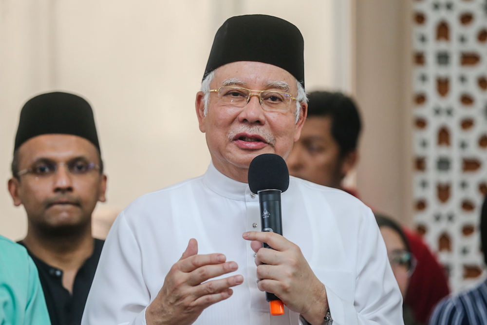 Former prime minister Datuk Seri Najib Razak speaks at Masjid Jamek in Kampung Baru, Kuala Lumpur December 20, 2019. u00e2u20acu201d Picture by Firdaus Latif 
