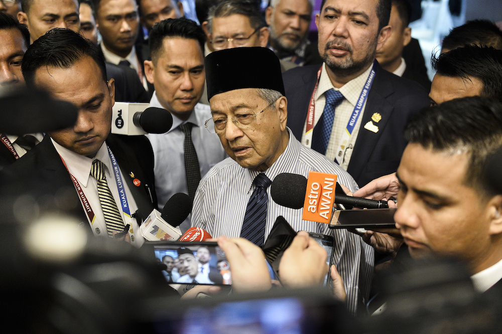 Prime Minister Tun Dr Mahathir Mohamad speaks to reporters during the Kuala Lumpur Summit 2019 December 20, 2019. u00e2u20acu201d Picture by Miera Zulyana