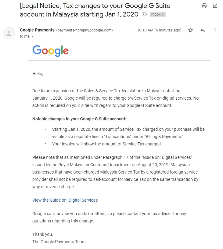 Google发e-mail通知所有G Suite用户明年起将征收6%数码服务税。