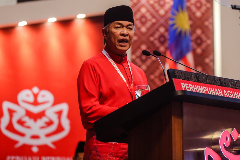 Umno president Datuk Seri Ahmad Zahid Hamidi speaks during the 2019 Umno General Assembly in Kuala Lumpur December 6, 2019. u00e2u20acu2022 Picture by Firdaus Latif