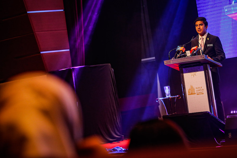 Youth and Sports Minister Syed Saddiq Abdul Rahman delivers his speech during the opening of the KL Youth Summit 2019 at the Kuala Lumpur Convention Centre December 17, 2019. u00e2u20acu201d Picture by Hari Anggara