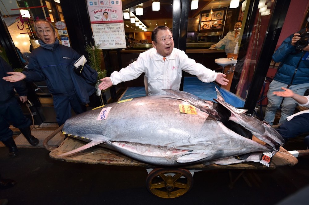 Kiyoshi Kimura displays a 276kg bluefin tuna that fetched u00c2u00a5193.2 million at his main restaurant in Tokyo January 5, 2020 after the New Yearu00e2u20acu2122s auction at Toyosu fish market. u00e2u20acu201d AFP pic