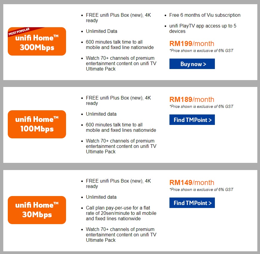 配套选项就包括了unifi Home Fibre 30Mbps、100Mbps及300 Mbps，价格为每月RM149、RM189及RM199。-图片摘自SoyaCincau-