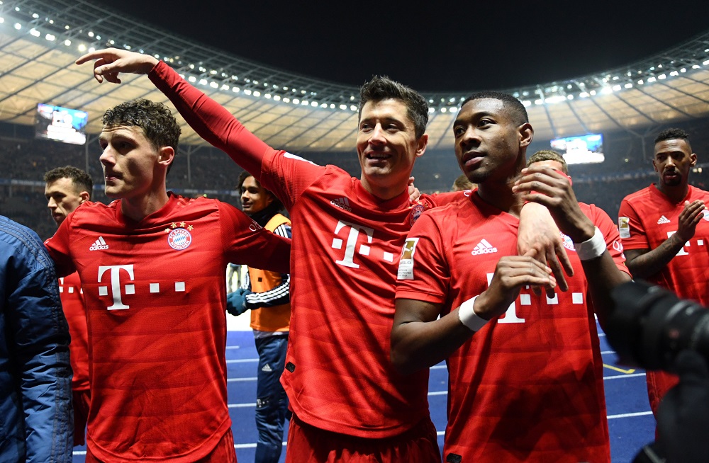 Bayern Munich's Robert Lewandowski, David Alaba and Benjamin Pavard celebrate after the match against Hertha BSC at Olympiastadion in Berlin January 19, 2020. u00e2u20acu201d Reuters pic