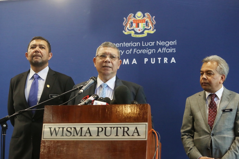 Deputy Foreign Minister Marzuki Yahya (left) and Foreign Minister Datuk Saifuddin Abdullah attend a press conference at the Foreign Ministry in Putrajaya January 3, 2020. u00e2u20acu201d Picture by Choo Choy May