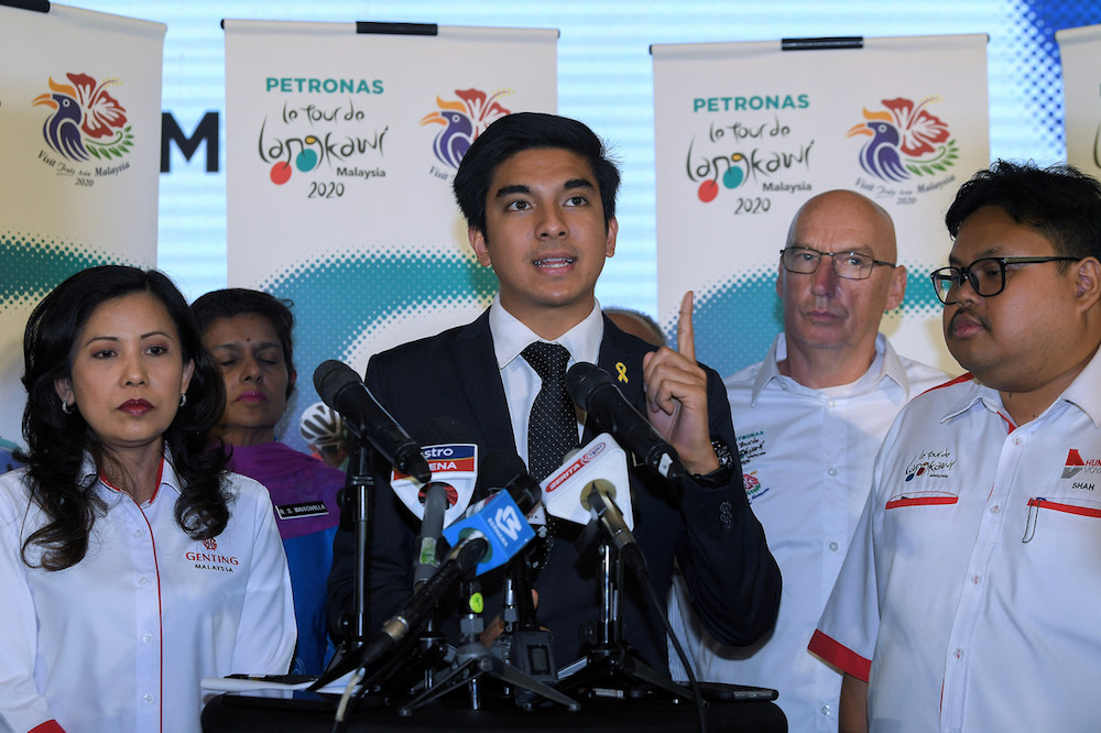 Youth and Sports Minister Syed Saddiq Abdul Rahman addresses a press conference after attending a sponsorship presentation for Le Tour de Langkawi (LTdL) 2020 in Putrajaya January 30, 2020. u00e2u20acu201d Bernama pic