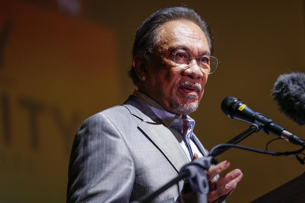Datuk Seri Anwar Ibrahim gives his keynote address at the International Unity in Diversity Conference 2020 at the Sime Darby Convention Centre in Kuala Lumpur January 8, 2020. u00e2u20acu201d Picture by Hari Anggara