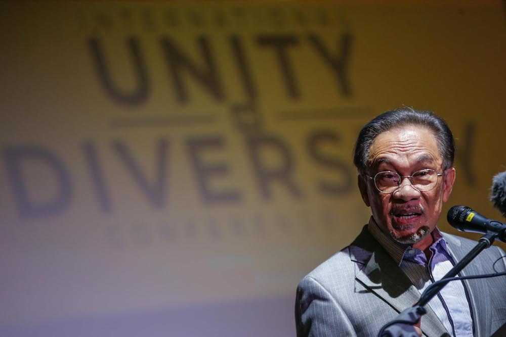 Datuk Seri Anwar Ibrahim gives his keynote address at the International Unity in Diversity Conference 2020 at the Sime Darby Convention Centre in Kuala Lumpur January 8, 2020. u00e2u20acu201d Picture by Hari Anggara