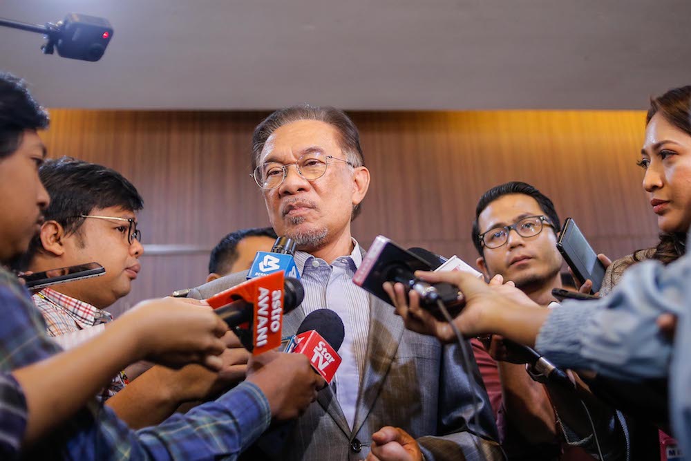 Datuk Seri Anwar Ibrahim speaks to reporters after attending the International Unity in Diversity Conference 2020 at the Sime Darby Convention Centre in Kuala Lumpur January 8, 2020. u00e2u20acu201d Picture by Hari Anggara