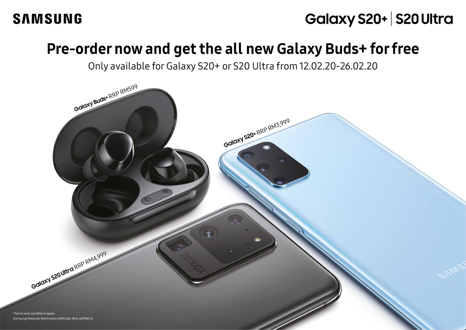 预购Galaxy S20+或Galaxy S20 Ultra的民众将获赠一个价值599令吉的Galaxy Buds+。-图取自Soyacincau-