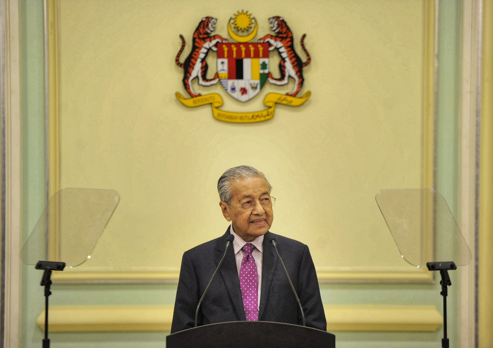 Interim Prime Minister Tun Mahathir Mohamad speaks during the economic stimulus package announcement at Perdana Putra building in Putrajaya February 27, 2020. u00e2u20acu201d Picture by Shafwan Zaidon