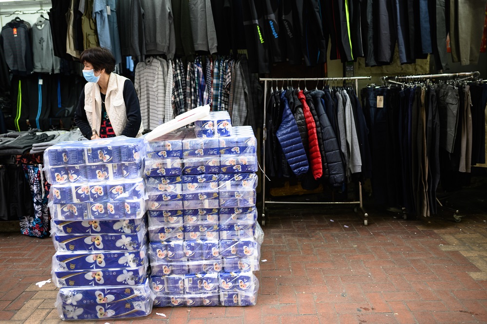 Toilet paper is seen for sale outside a clothes stall in the Tsuen Wan district of Hong Kong February 8, 2020. u00e2u20acu201d AFP pic 