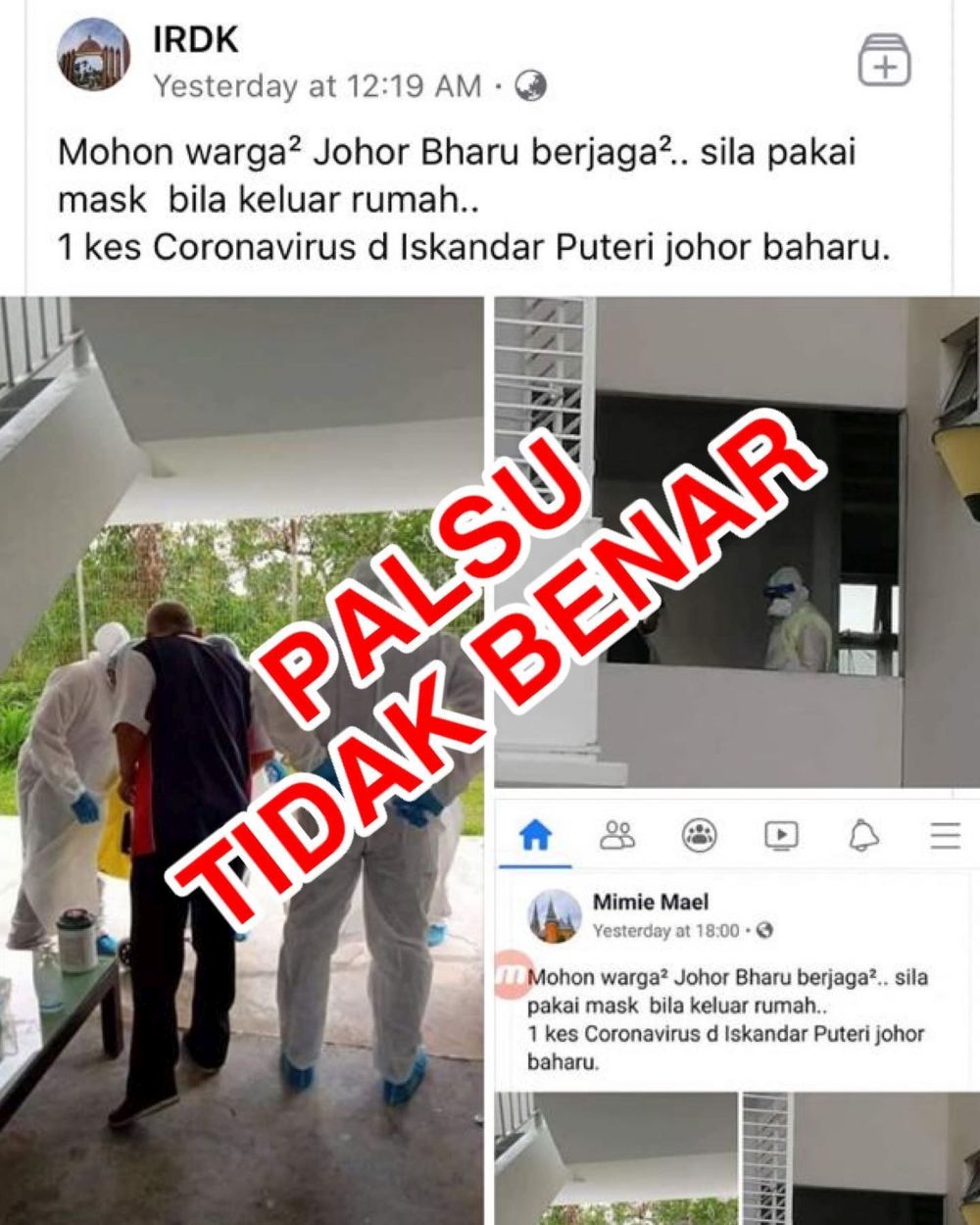 A screengrab of the fake post on claims that the Covid-19 virus has reached Iskandar Puteri district in Johor. u00e2u20acu201d Picture courtesy of the Johor Health Department via Facebooknn
