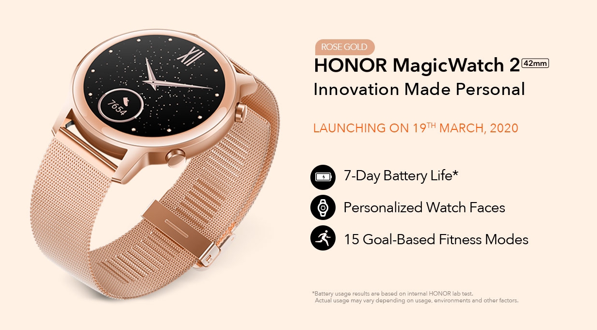 荣耀也将会发布荣耀Magic Watch 2，尺寸为42mm，颜色是玫瑰金色。-图取自Soyacincau-
