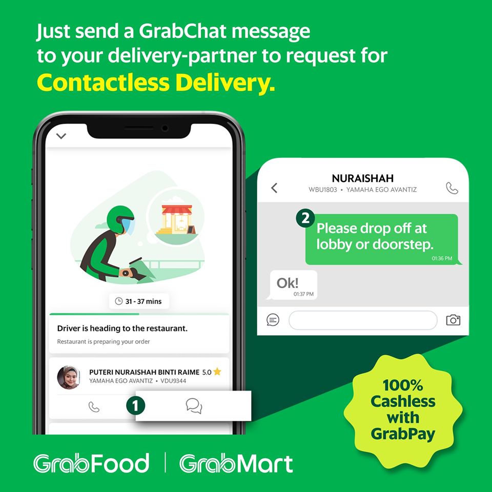 GrabFood推出“无接触送餐服务”。-图取自Grab的官方脸书-