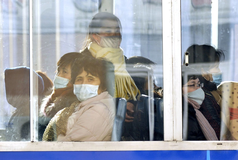 Passengers wear masks inside a trolley bus in Pyongyang, North Korea, in this photo taken February 22, 2020 and released by Kyodo February 23, 2020. u00e2u20acu201d Picture by Kyodo via Reuters