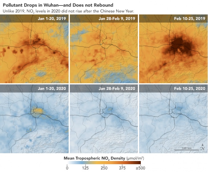 NASA比对去年同期二氧化氮排放含量，卫星图像清楚可见。-图片摘自网络-