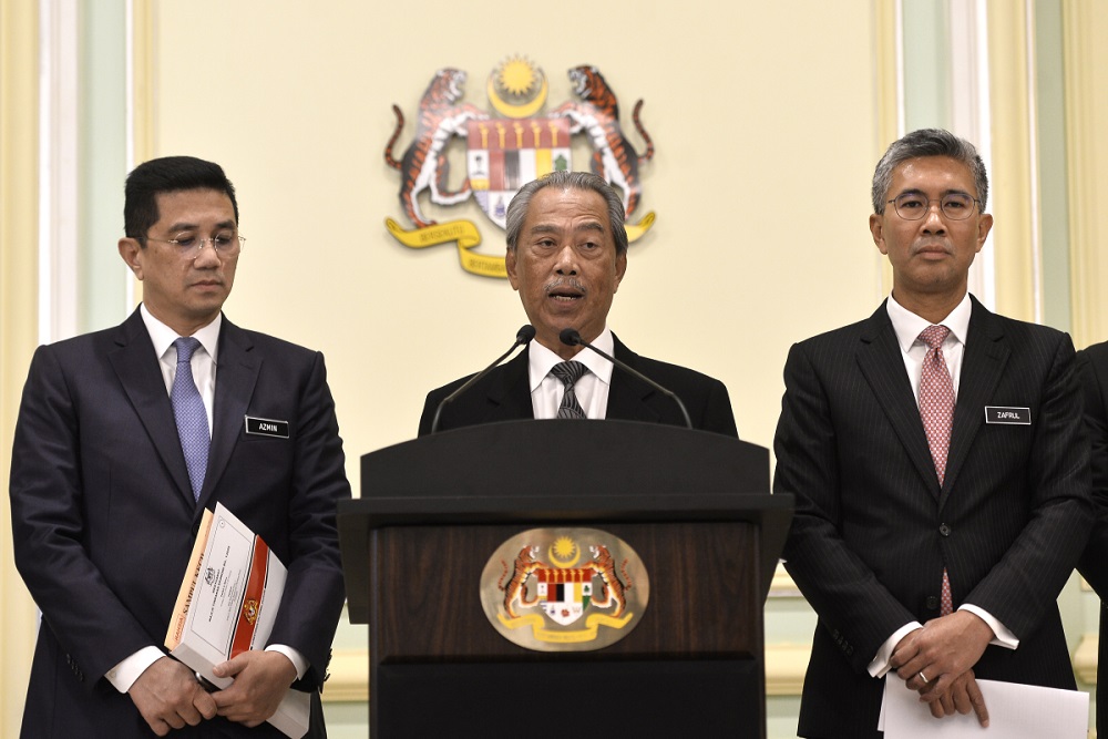 Prime Minister Tan Sri Muhyiddin Yasin at a press conference in Putrajaya March 16, 2020. u00e2u20acu201d Picture by Miera Zulyana