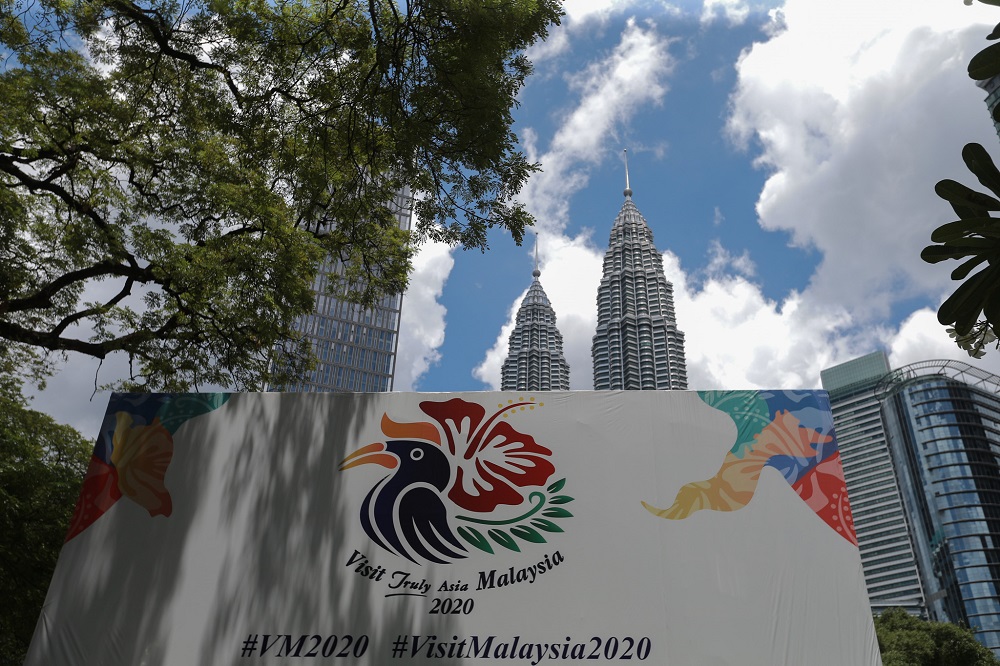 A Visit Malaysia 2020 logo near KLCC in Kuala Lumpur March 28, 2020. u00e2u20acu201d Picture by Ahmad Zamzahuri