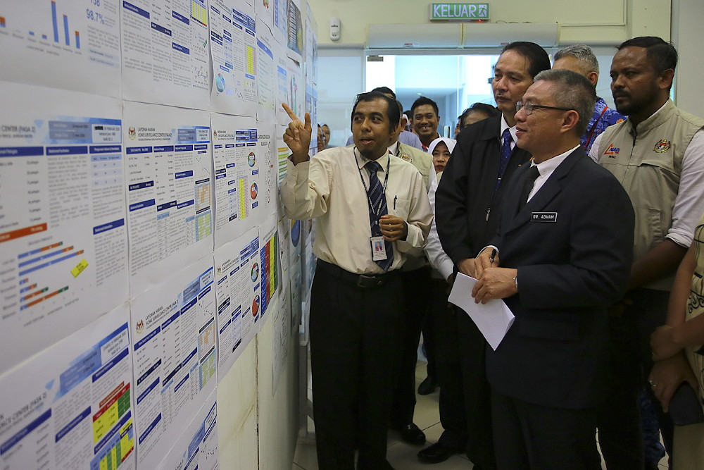 Health Minister Datuk Seri Dr Adham Baba is briefed on the daily developments of Covid-19 during a visit to the Higher Education Leadership Academy in Nilai March 11, 2020. u00e2u20acu201d Bernama pic nn