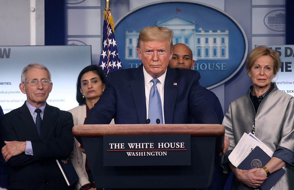 US President Donald Trump holds a news briefing on the coronavirus outbreak while accompanied by members of the Covid-19 task force at the White House in Washington March 16, 2020. u00e2u20acu201d Reuters pic
