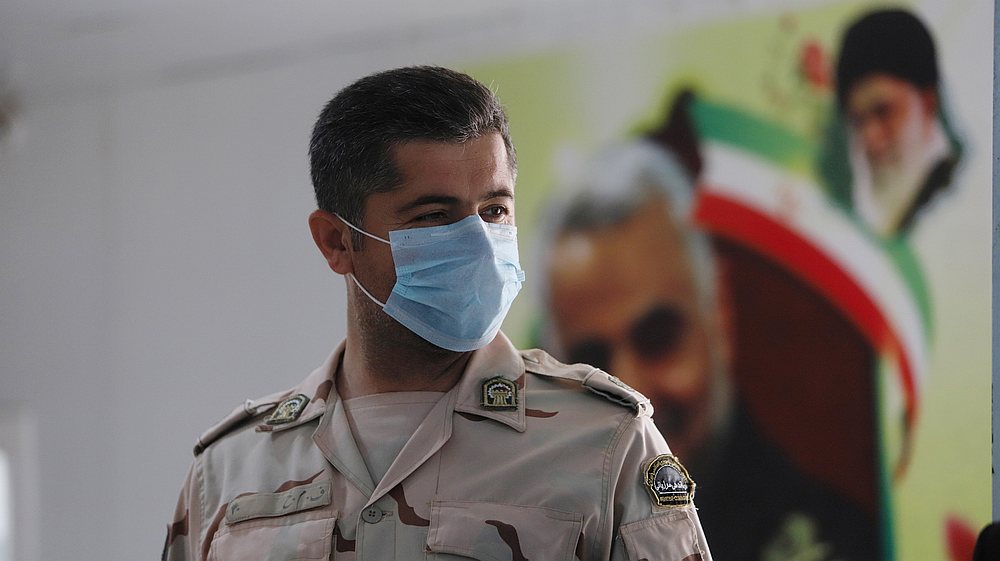 A member of Iranian Border Guards wears a protective face mask, following the outbreak Covid-19, inside the Shalamcha Border Crossing with Iraq March 8, 2020. u00e2u20acu201d Reuters pic