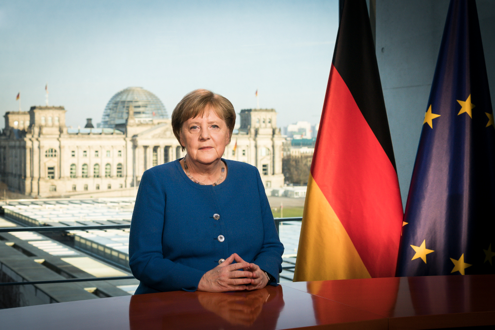 German Chancellor Angela Merkel posing for a photo at the recording of a TV address to the nation on the spread of the Covid-19 at the Chancellery, Berlin, March 18, 2020. u00e2u20acu201d Bundesregierung/Steffen Kugler handout pic via AFP 
