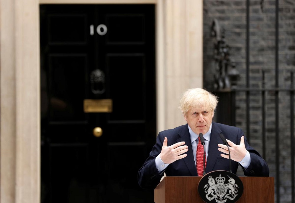 Britain's Prime Minister Boris Johnson speaks outside 10 Downing Street after recovering from the coronavirus disease (COVID-19), London, Britain, April 27, 2020. REUTERS/John Sibley