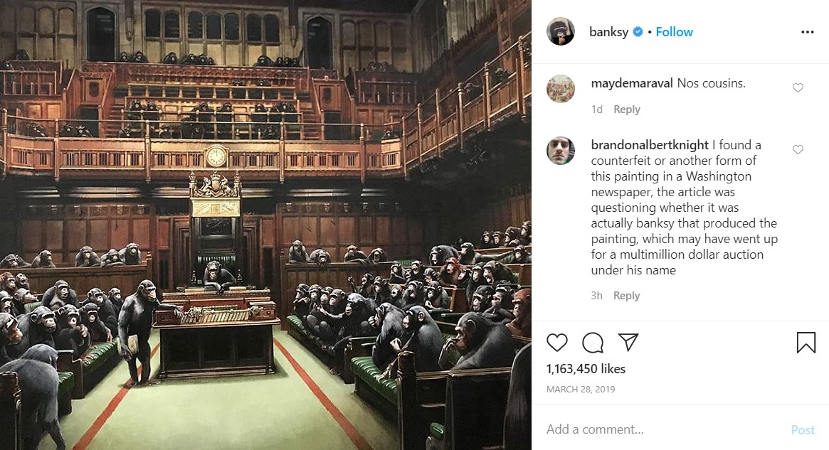 班克斯的作品,通常都会以幽默的方式讽刺当下的社会情况。-图片摘自Banksy Instagram-