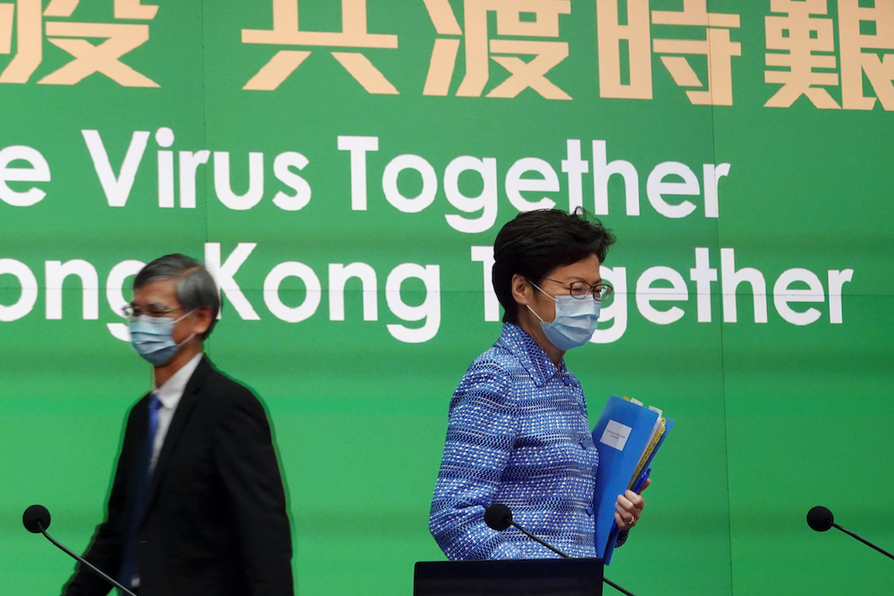 Hong Kong Chief Executive Carrie Lam wearing a face mask arrives for a news conference on the novel coronavirus disease (Covid-19) outbreak, in Hong Kong, China April 8, 2020. u00e2u20acu201d Reuters picnnn