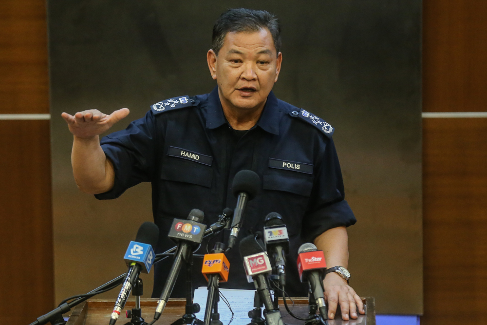 Inspector-General of Police Tan Sri Abdul Hamid Bador speaks during a press conference in Kuala Lumpur April 6, 2020. u00e2u20acu201d Picture by Firdaus Latif